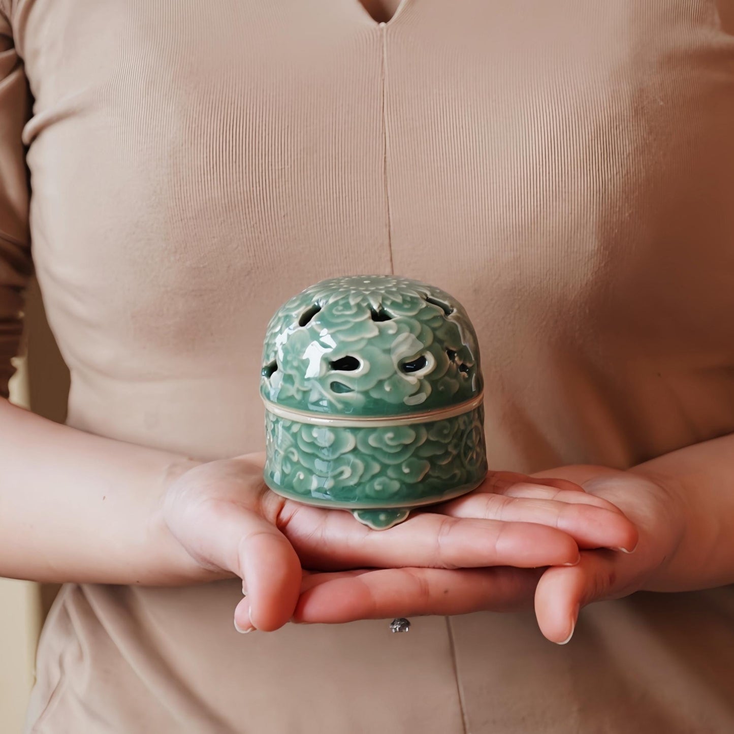 Handcrafted Ceramic Incense Burner, Longquan Celadon Smudge Holder, Sage Charcoal Burner, Elegant Floral Design for Relaxation & Meditation