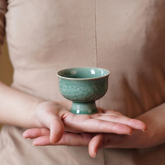 Handcrafted  Tea Cup | Chinese Porcelain Wine Chalice | Elegant 80ml Green Glazed Cup | Artisan Gift for Tea & Wine Lovers