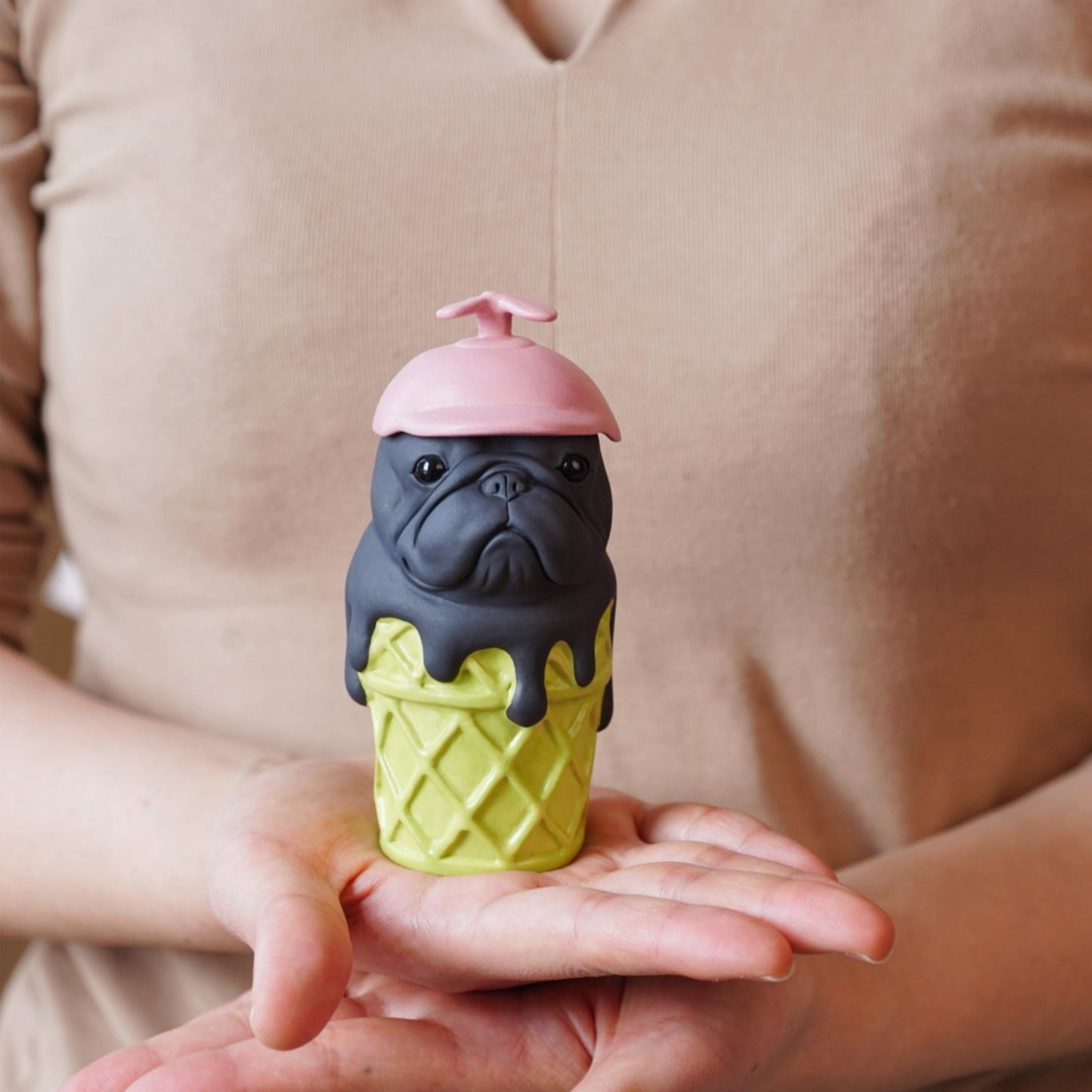 Handcrafted Ceramic Bulldog Figurine | French Bulldog Ice Cream Cone Decor | Artisan Gift for Dog Lovers | Unique Home Ornament