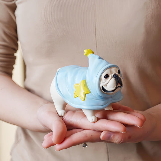 Handmade French Bulldog Figurine in Starry Blue Costume | Long Quan Celadon Ceramic Art | Dog Lover Gift | 4.7" Long x 3.1" Tall