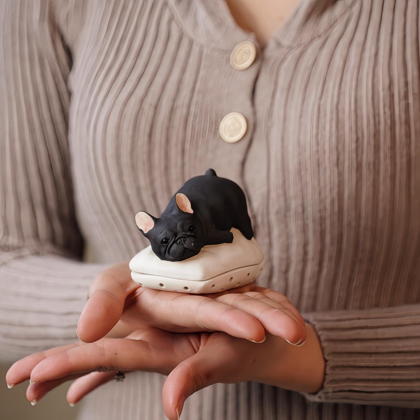 Handcrafted French Bulldog Incense Burner | Longquan Celadon Ceramic | Cone Incense Holder | Artisan Dog Decor | Unique Gift for Dog Lovers