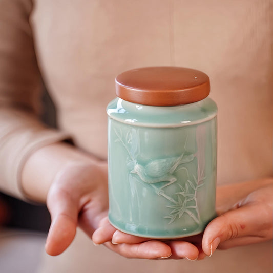 Handcrafted Jade Green Porcelain Jar – 300ML Tea, Coffee, or Spice Container with Carved Bamboo and Bird Design