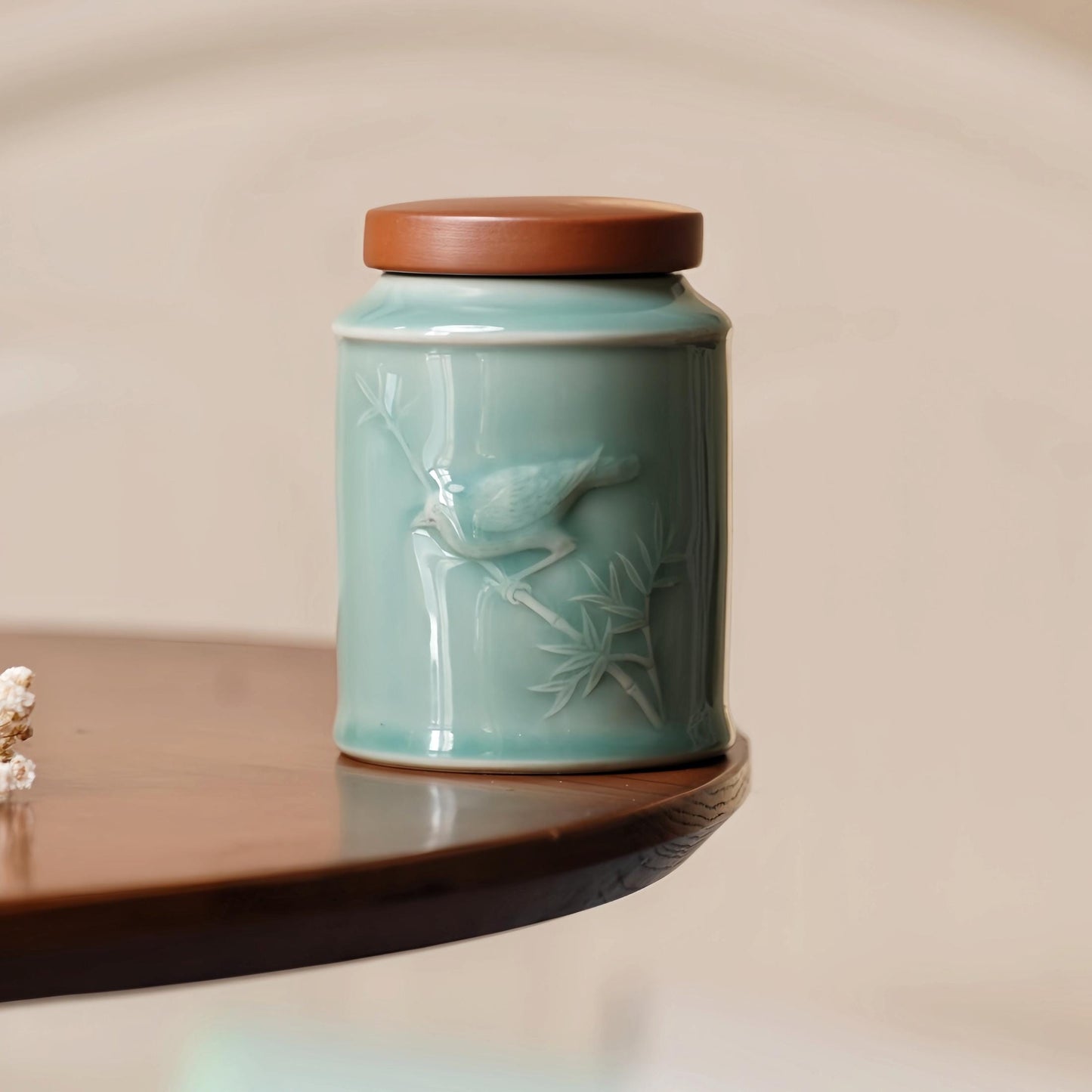 Handcrafted Jade Green Porcelain Jar – 300ML Tea, Coffee, or Spice Container with Carved Bamboo and Bird Design