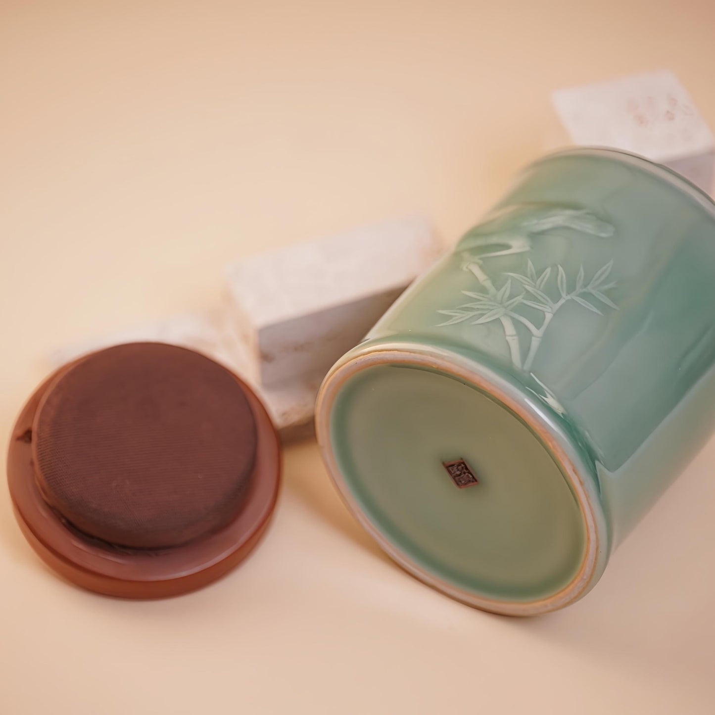 Handcrafted Jade Green Porcelain Jar – 300ML Tea, Coffee, or Spice Container with Carved Bamboo and Bird Design