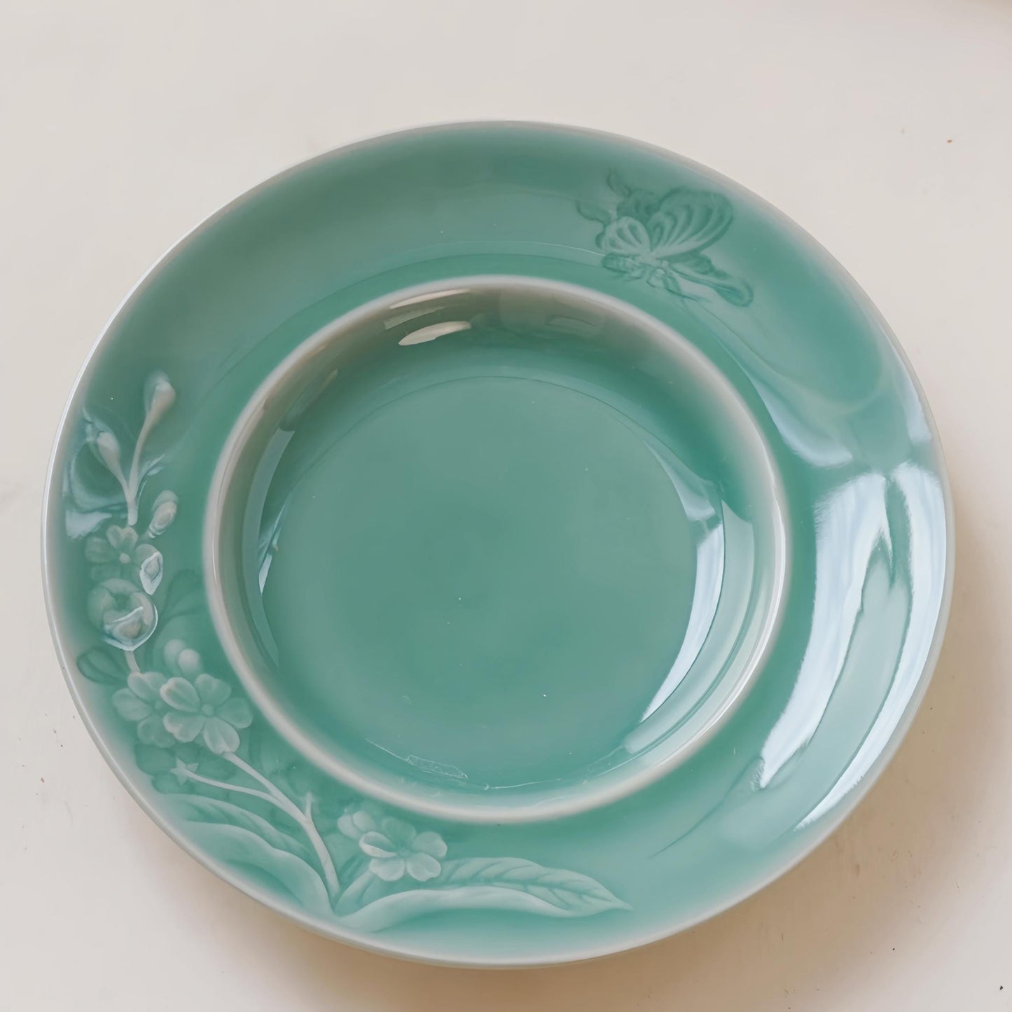 Handmade Butterfly Ceramic Coffee Cup – 300ML Personalized Longquan Celadon Mug with Saucer and Spoon, Unique Gift for Tea or Coffee Lovers