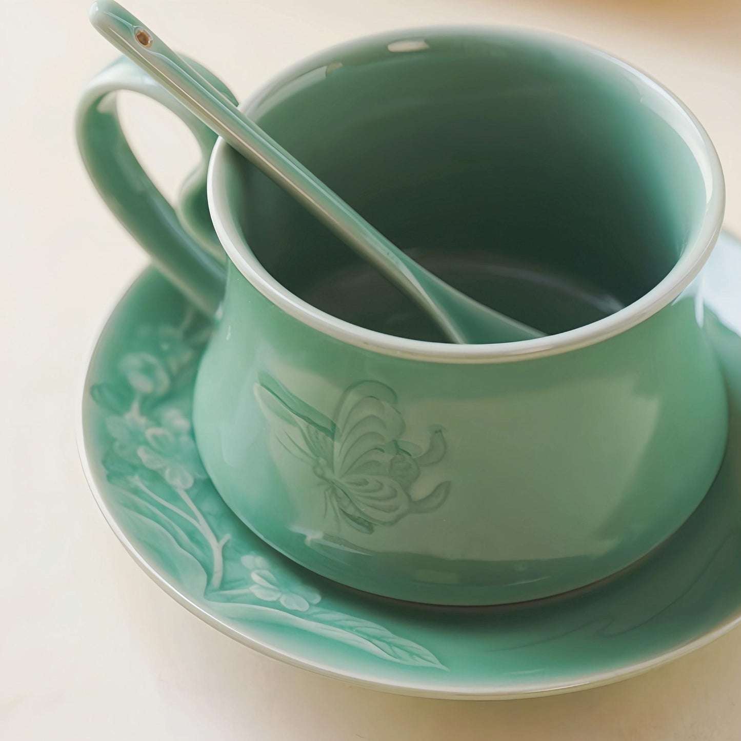 Handmade Butterfly Ceramic Coffee Cup – 300ML Personalized Longquan Celadon Mug with Saucer and Spoon, Unique Gift for Tea or Coffee Lovers