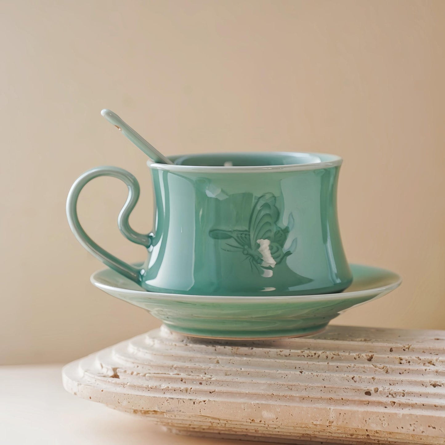 Handmade Butterfly Ceramic Coffee Cup – 300ML Personalized Longquan Celadon Mug with Saucer and Spoon, Unique Gift for Tea or Coffee Lovers
