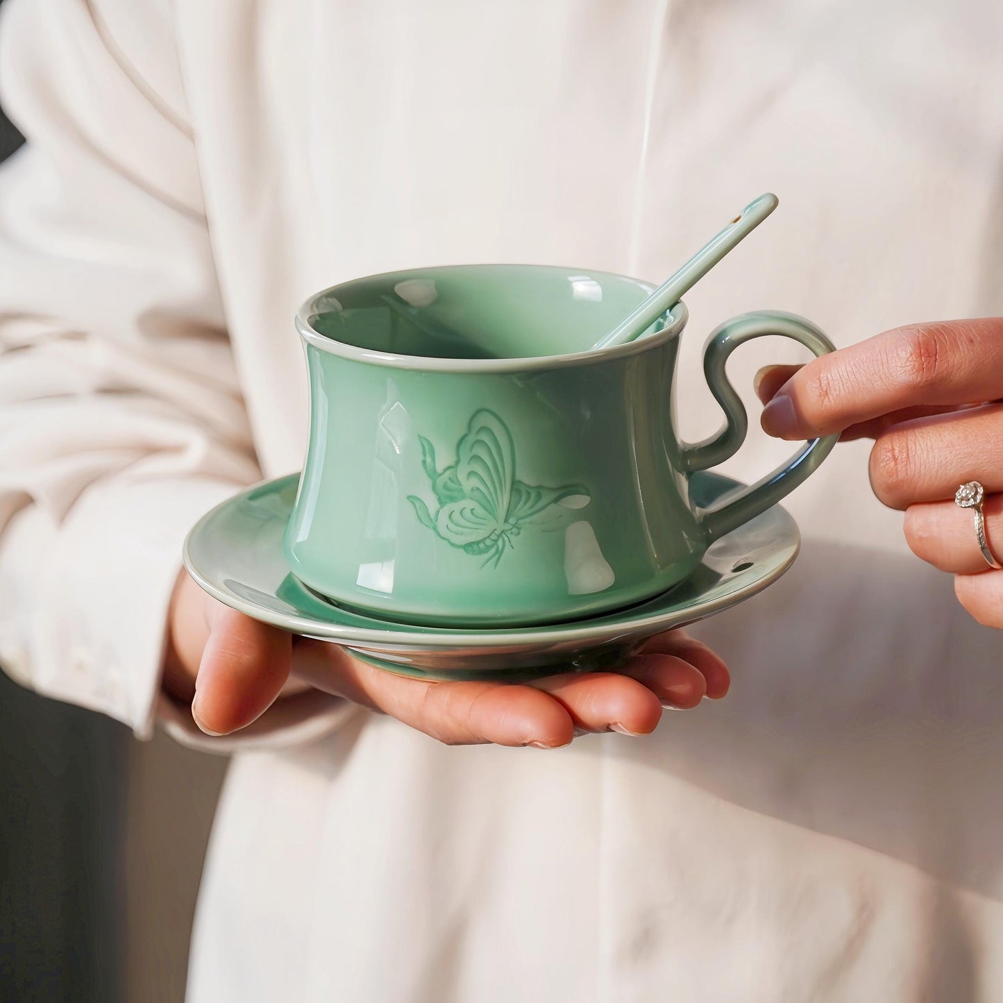 Handmade Butterfly Ceramic Coffee Cup – 300ML Personalized Longquan Celadon Mug with Saucer and Spoon, Unique Gift for Tea or Coffee Lovers