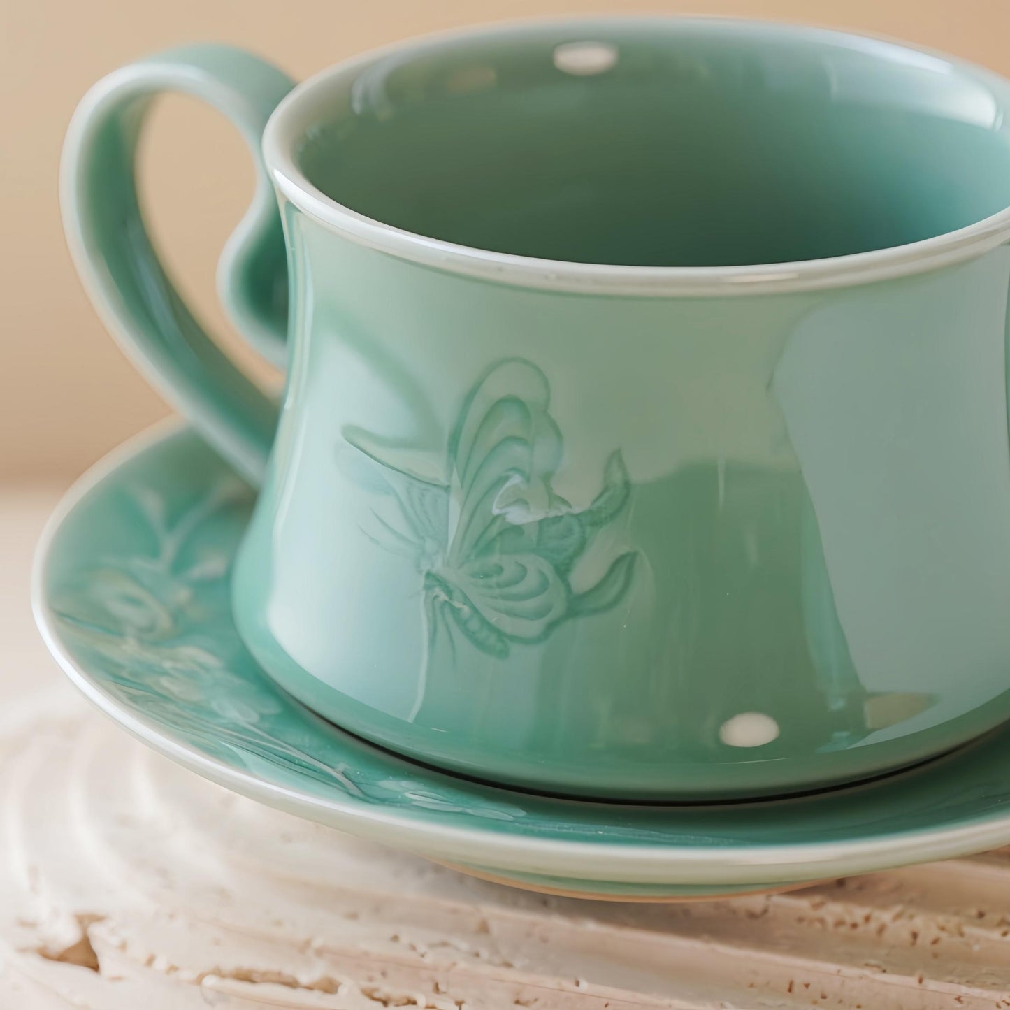 Handmade Butterfly Ceramic Coffee Cup – 300ML Personalized Longquan Celadon Mug with Saucer and Spoon, Unique Gift for Tea or Coffee Lovers