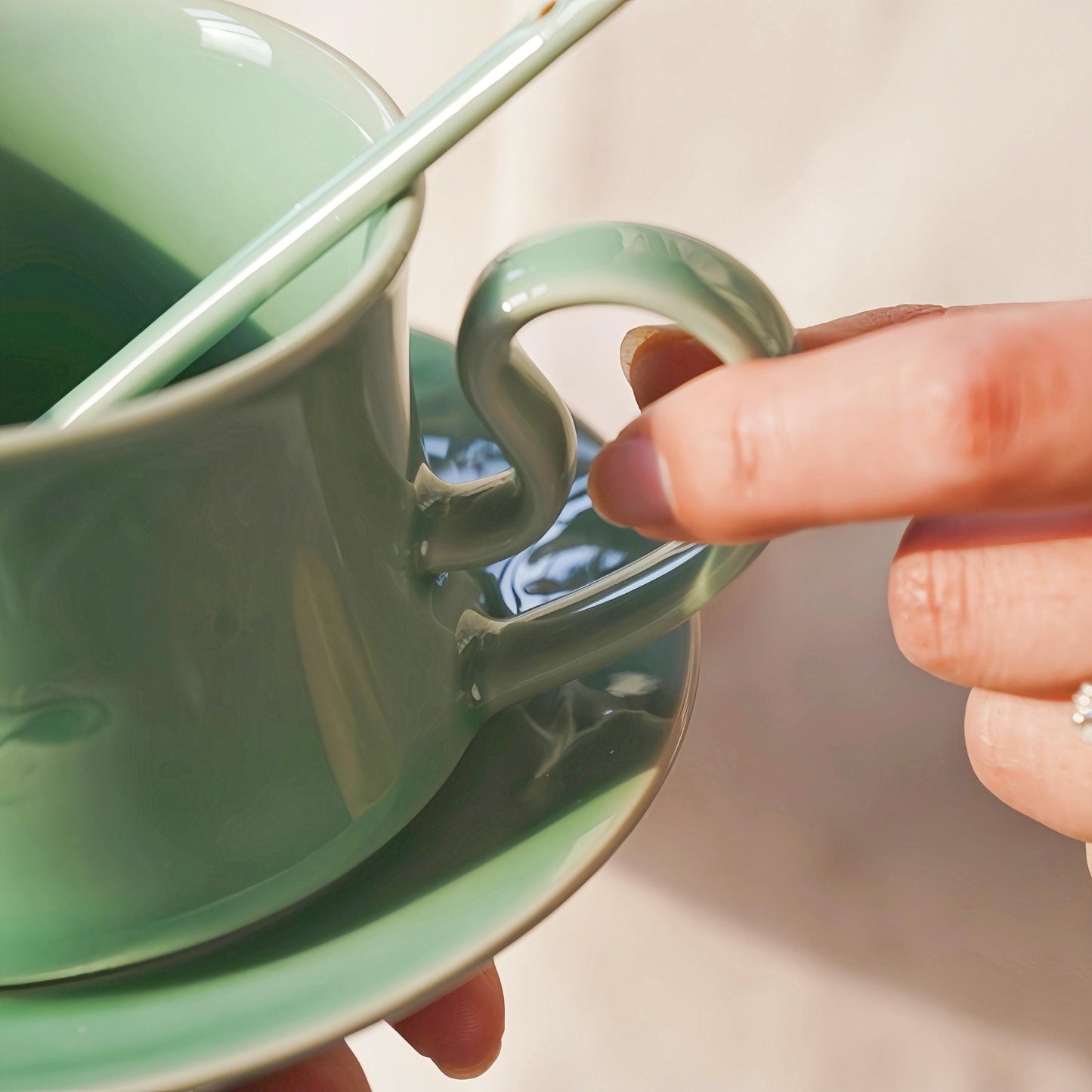 Handmade Butterfly Ceramic Coffee Cup – 300ML Personalized Longquan Celadon Mug with Saucer and Spoon, Unique Gift for Tea or Coffee Lovers