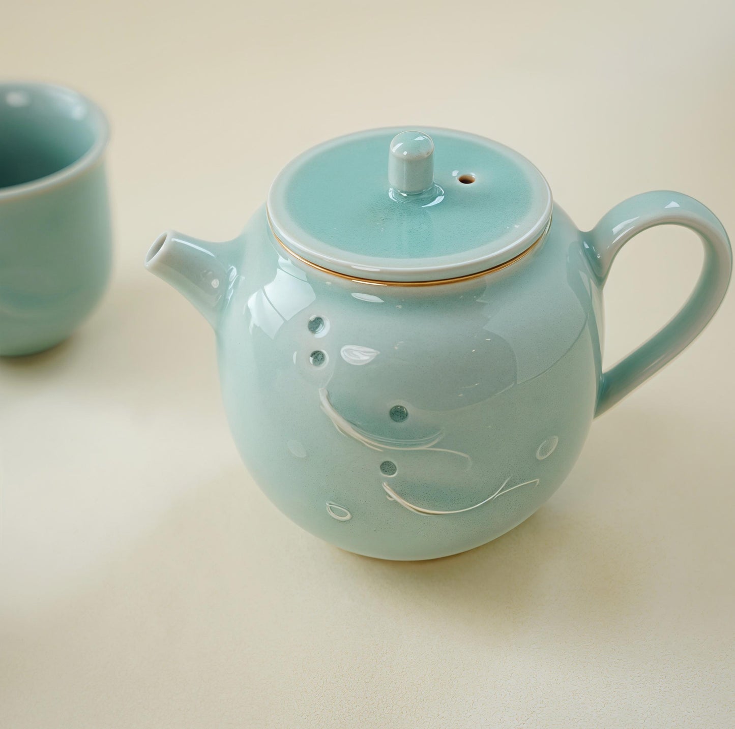 Handmade Longquan Celadon Tea Set, Elegant Ceramic Teapot with Two Cups, Personalized Gift, Customizable Chinese Pottery  Gift