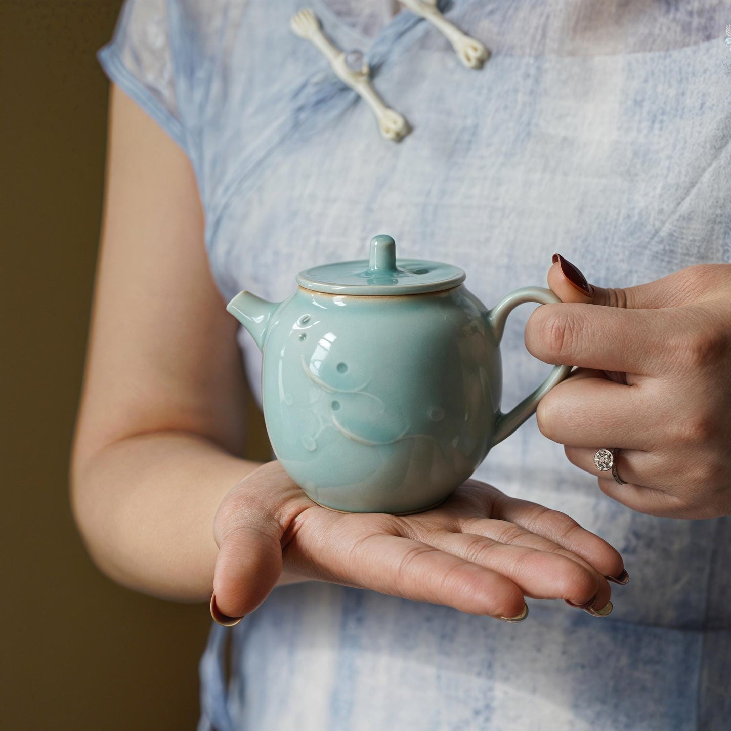 Handmade Longquan Celadon Tea Set, Elegant Ceramic Teapot with Two Cups, Personalized Gift, Customizable Chinese Pottery  Gift