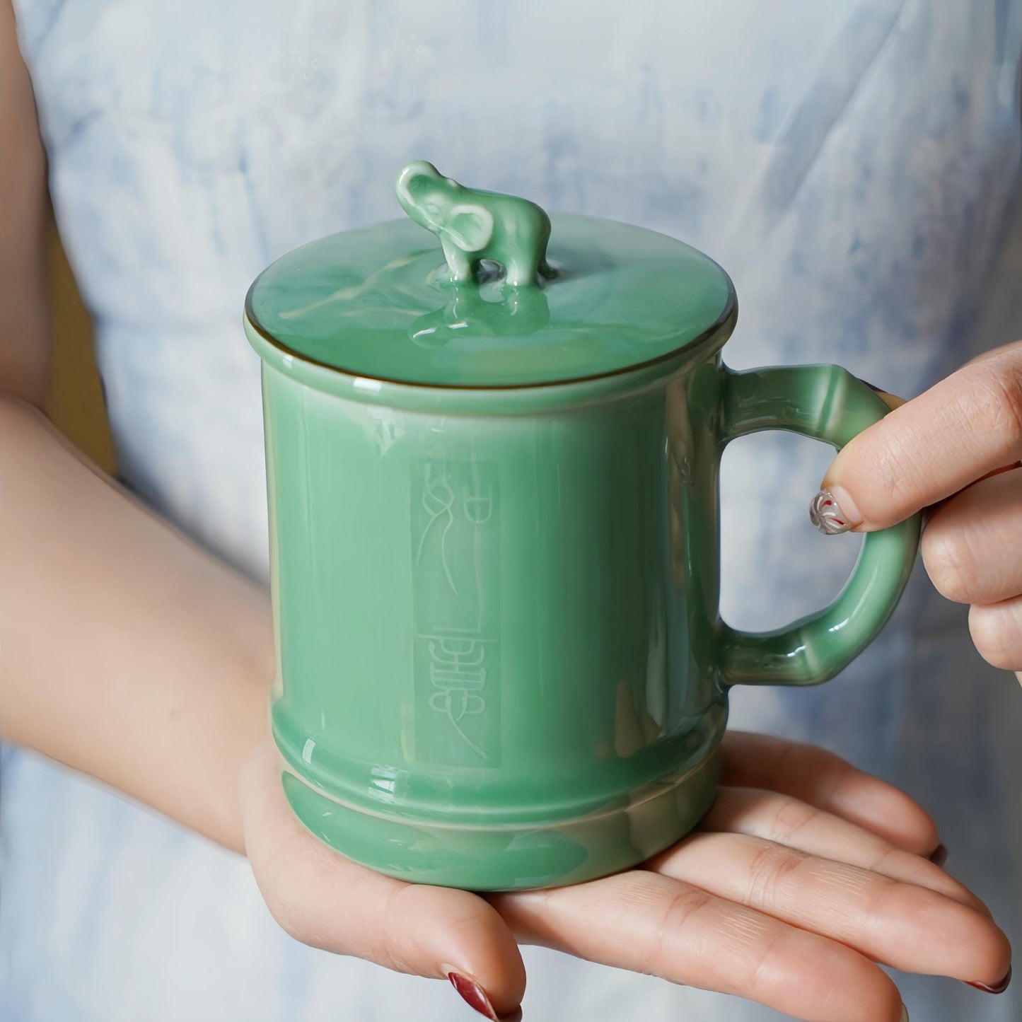 Handmade Longquan Celadon Mug | 12oz Ceramic Tea & Coffee Cup with Elephant Lid | Chinese Pottery | Unique Gift for Tea Lovers