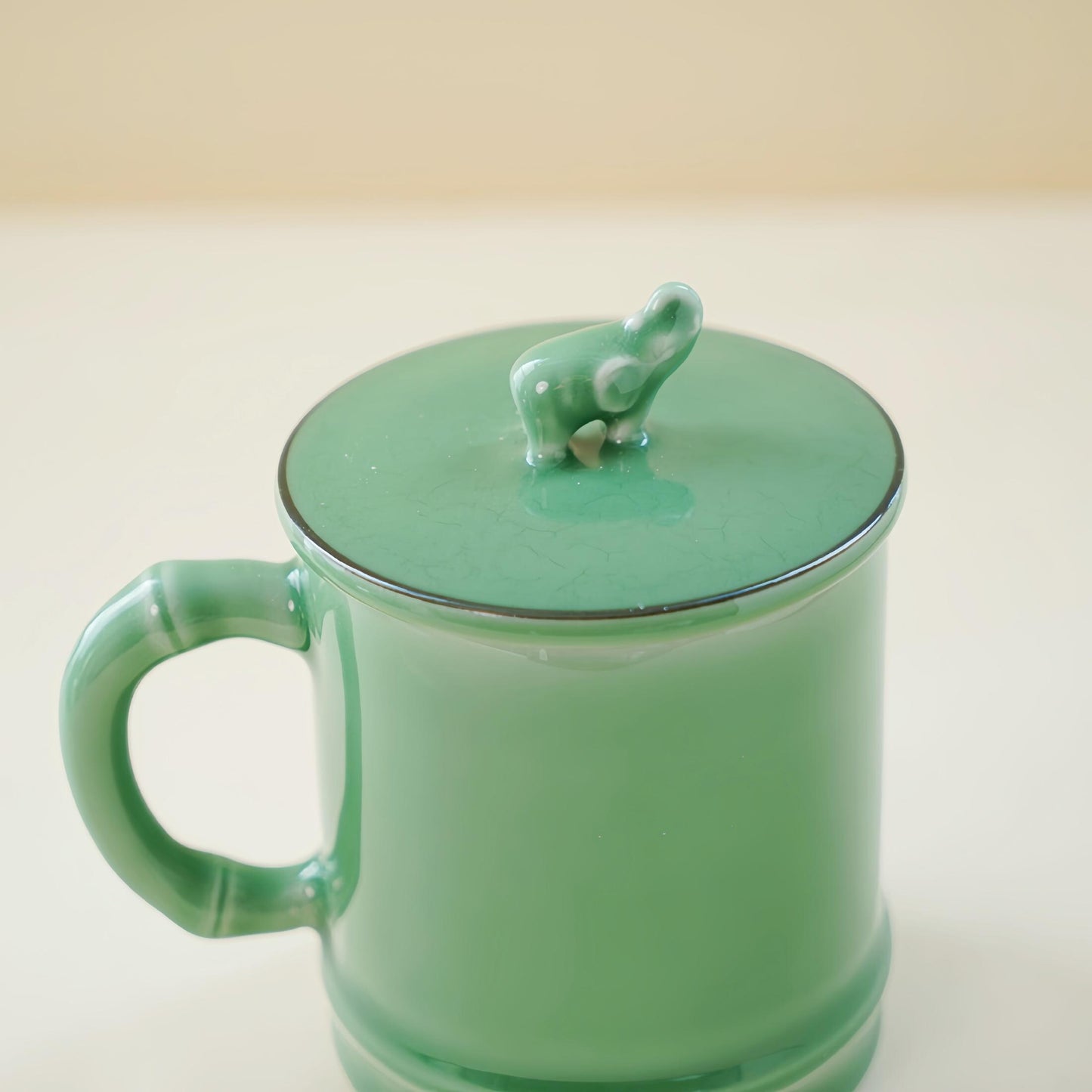 Handmade Longquan Celadon Mug | 12oz Ceramic Tea & Coffee Cup with Elephant Lid | Chinese Pottery | Unique Gift for Tea Lovers