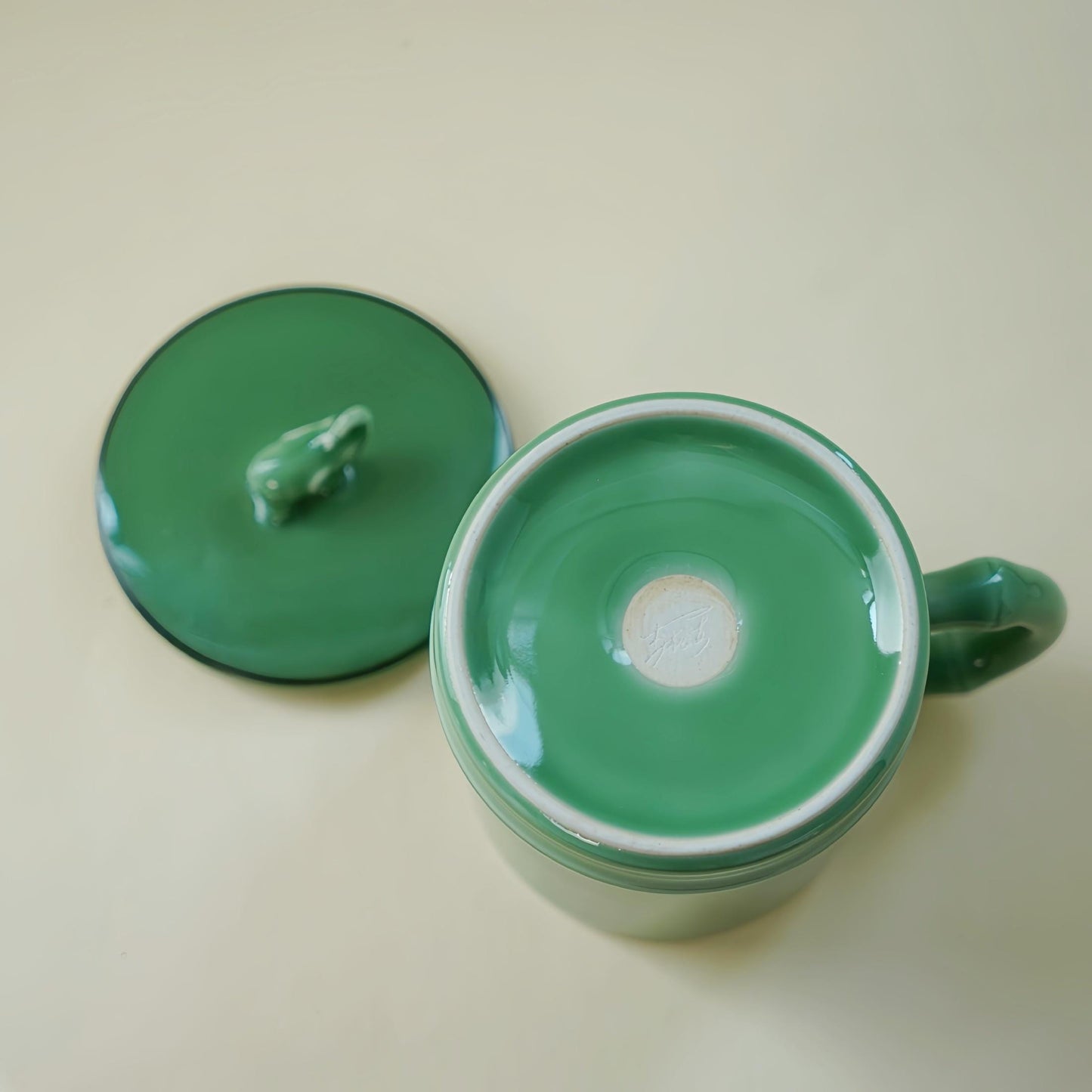 Handmade Longquan Celadon Mug | 12oz Ceramic Tea & Coffee Cup with Elephant Lid | Chinese Pottery | Unique Gift for Tea Lovers