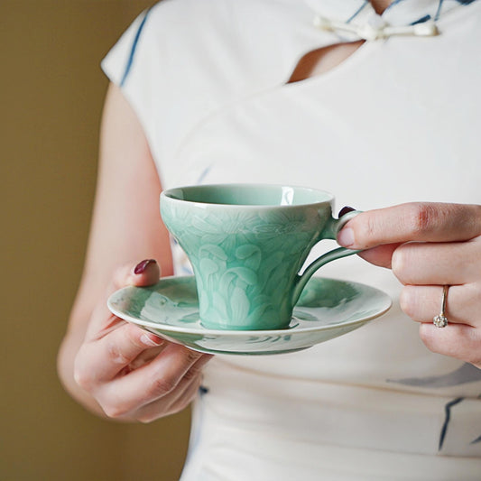 Handmade Longquan Celadon Coffee Mug with Saucer | 12oz Ceramic Tea Cup | Luxury Vintage Pottery | UNESCO Heritage | Elegant Gift