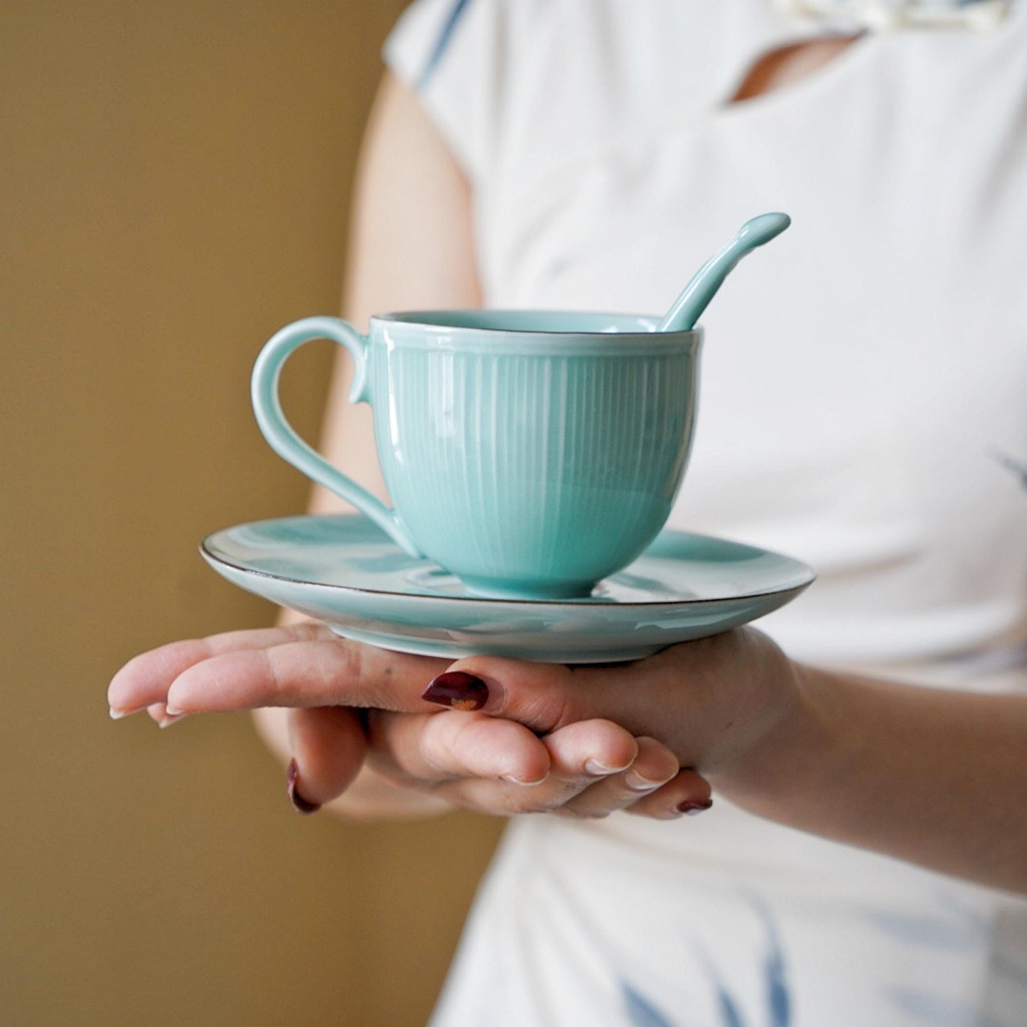 Handmade Ceramic Coffee Cup Set, Longquan Celadon Mug, Minimalist Wabi-Sabi Porcelain Coffee Cup, Personalized Gift, Custom Engraved Mug