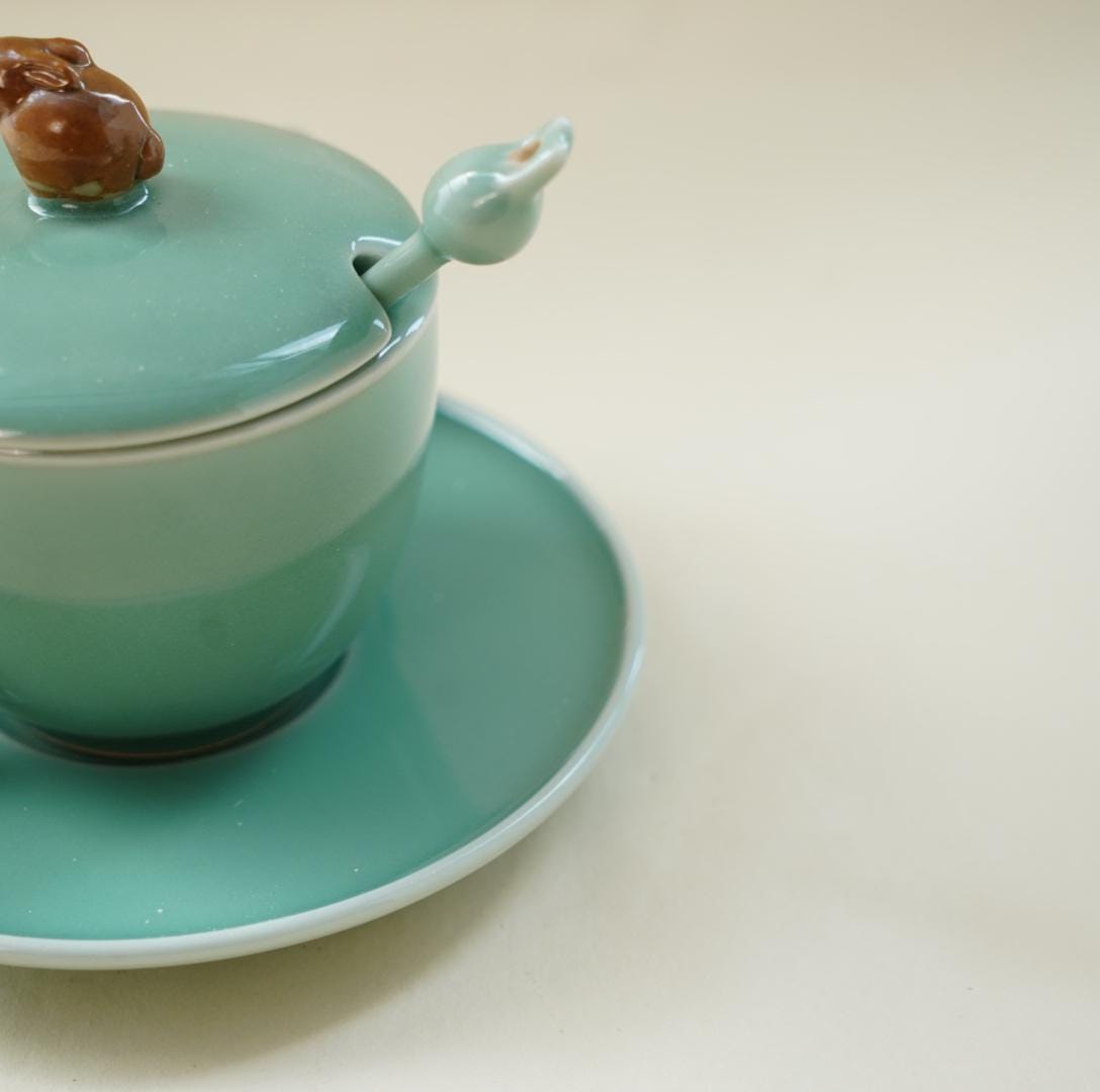 Handmade Chinese Celadon Coffee Cup Set with Lid and Spoon, Lucky Animal Handle, Custom Gift, Minimalist Wabi-Sabi Mug, Rabbit or Pixiu
