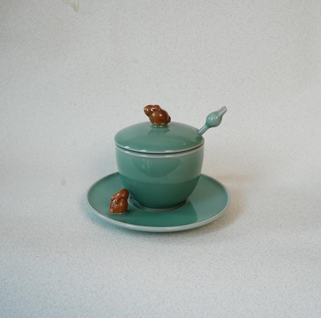 Handmade Chinese Celadon Coffee Cup Set with Lid and Spoon, Lucky Animal Handle, Custom Gift, Minimalist Wabi-Sabi Mug, Rabbit or Pixiu