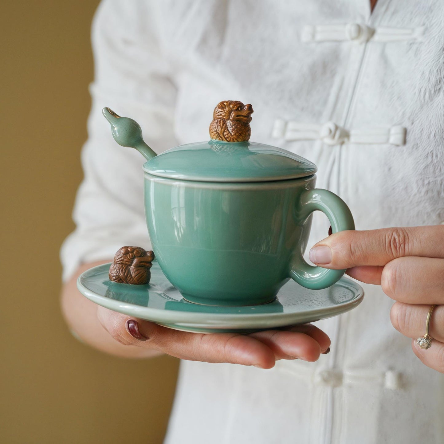 Handmade Chinese Celadon Coffee Cup Set with Lid and Spoon, Lucky Animal Handle, Custom Gift, Minimalist Wabi-Sabi Mug, Rabbit or Pixiu