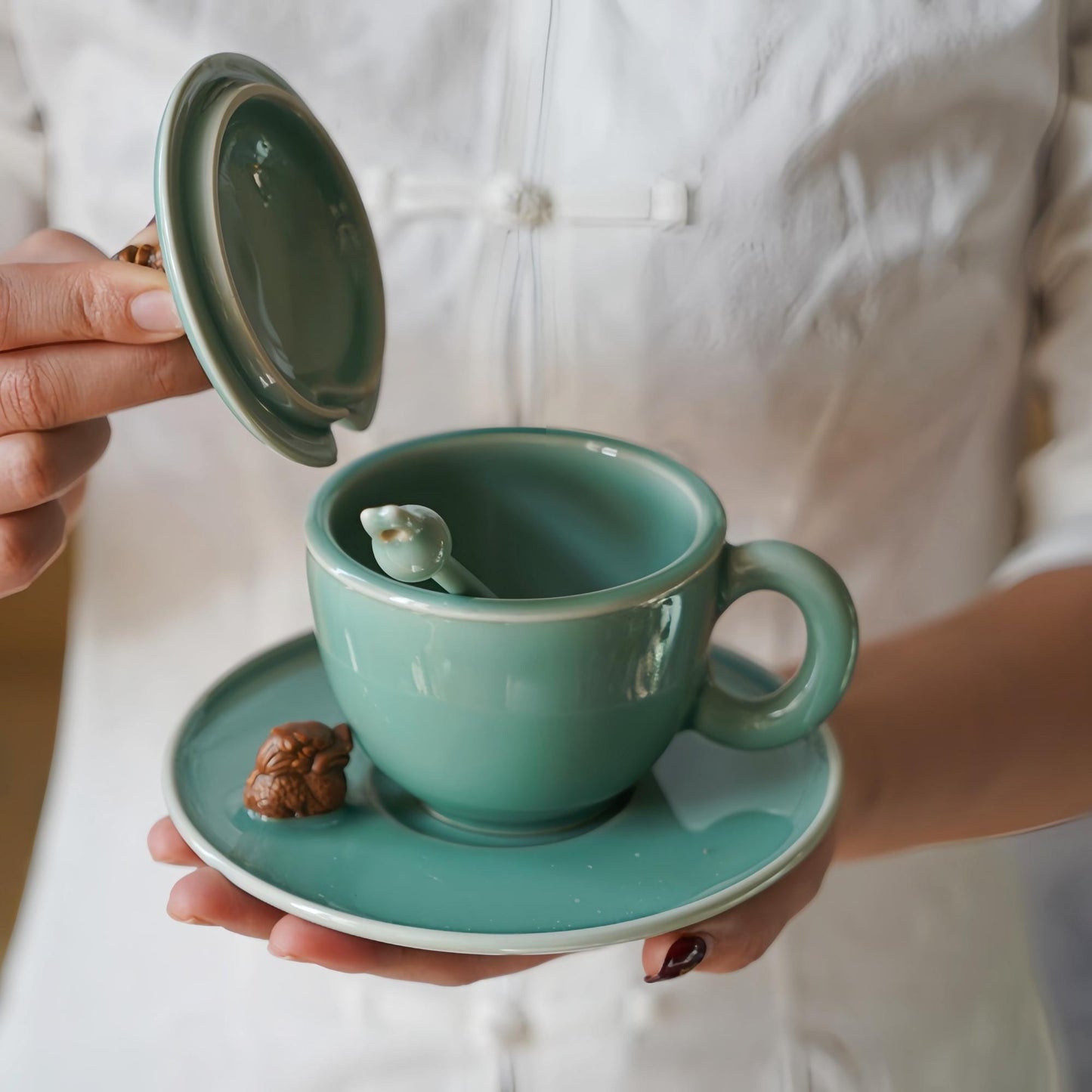 Handmade Chinese Celadon Coffee Cup Set with Lid and Spoon, Lucky Animal Handle, Custom Gift, Minimalist Wabi-Sabi Mug, Rabbit or Pixiu