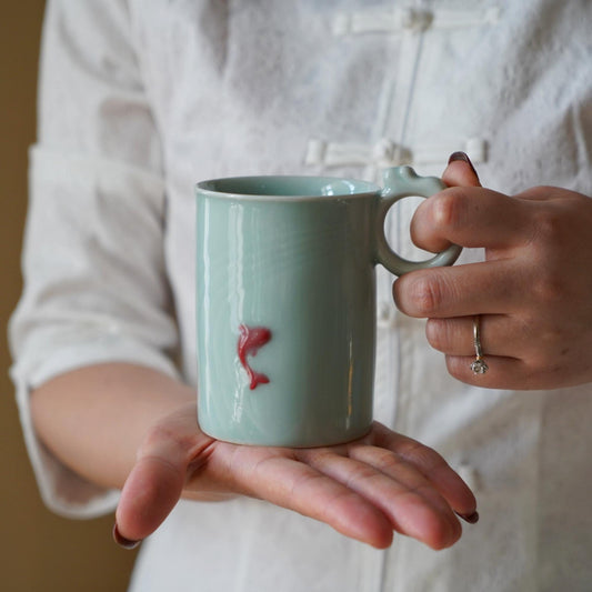 Celadon Mug with Red Fish — Handmade 350ml Chinese Ceramic Coffee Cup | Wabi Sabi Aesthetic | Minimalist Tea Mug | Gift for Her or Him