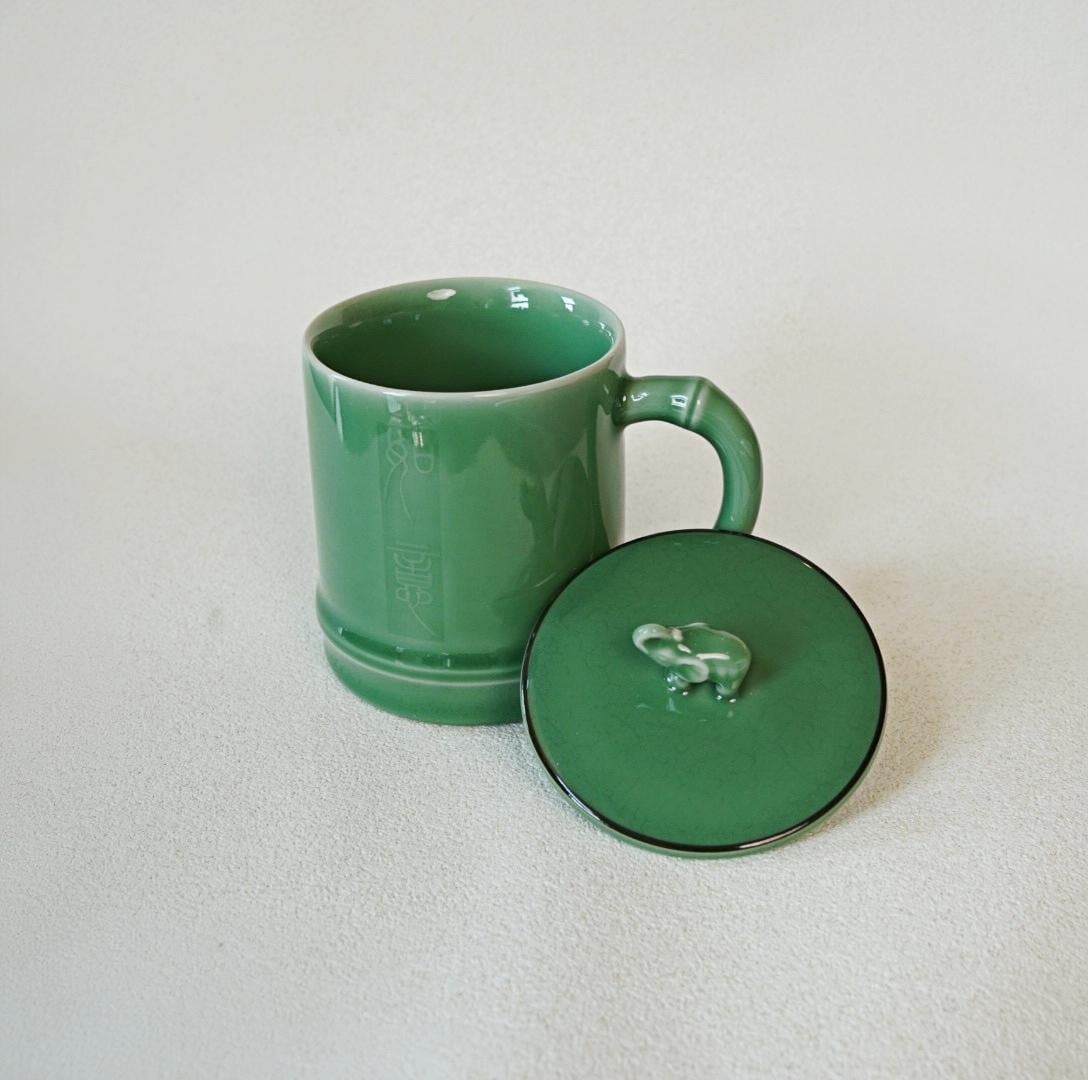 Elephant Lid Celadon Mug with Handle – 13oz Longquan Celadon Tea Mug | Handmade Chinese Ceramic Coffee Cup | Minimalist Wabi Sabi Drinkware