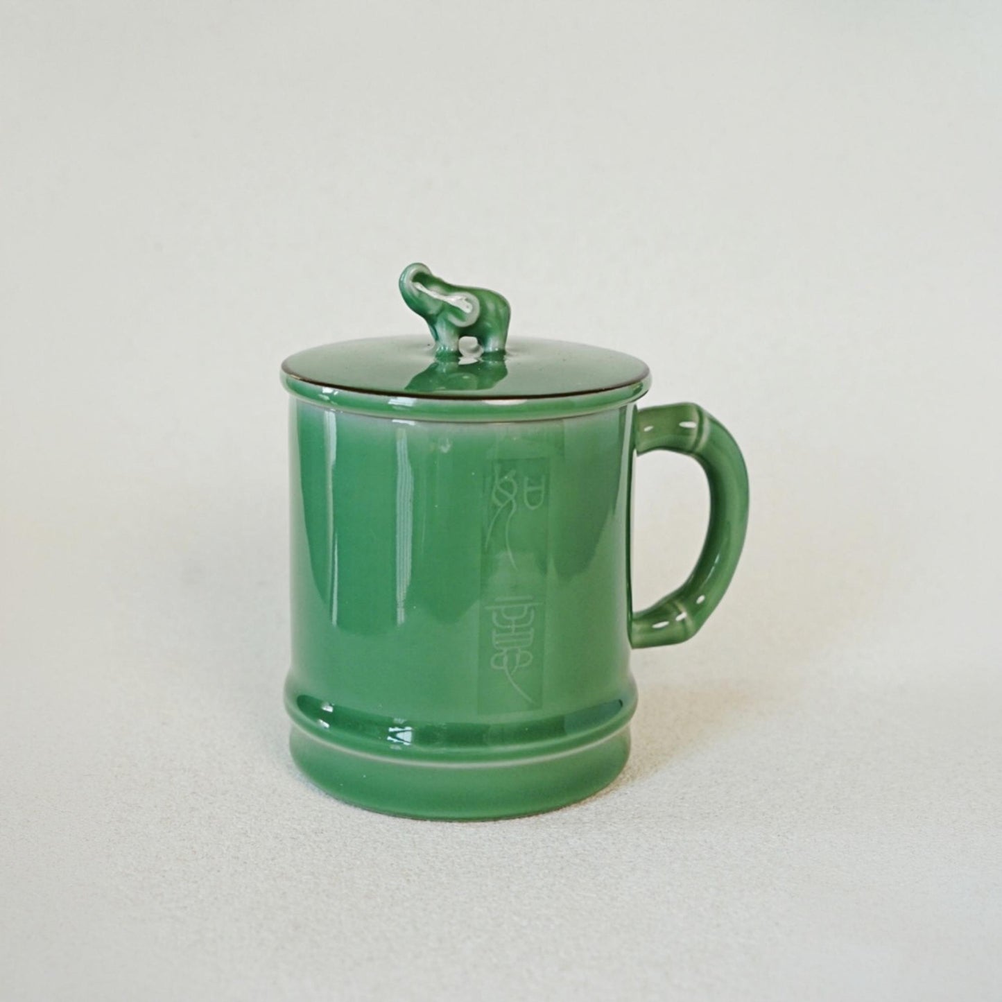 Elephant Lid Celadon Mug with Handle – 13oz Longquan Celadon Tea Mug | Handmade Chinese Ceramic Coffee Cup | Minimalist Wabi Sabi Drinkware