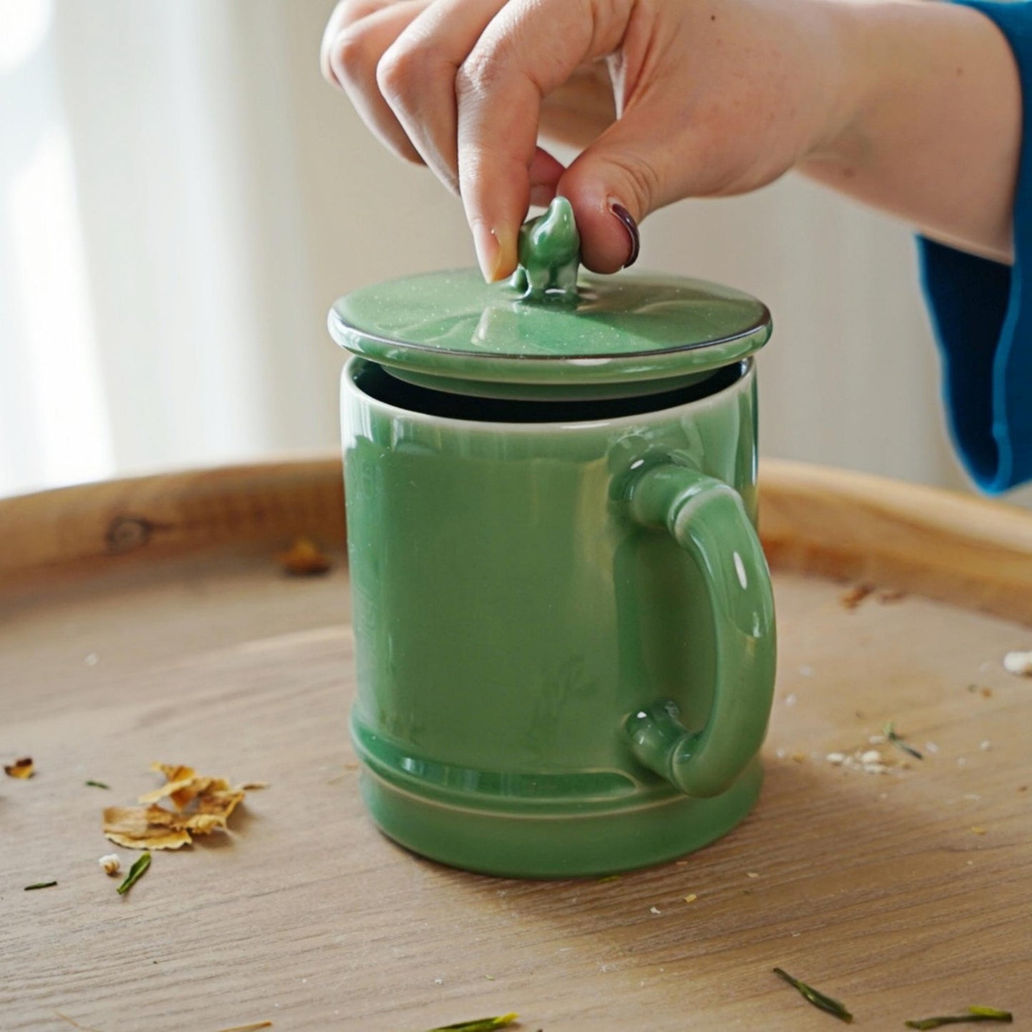 Elephant Lid Celadon Mug with Handle – 13oz Longquan Celadon Tea Mug | Handmade Chinese Ceramic Coffee Cup | Minimalist Wabi Sabi Drinkware