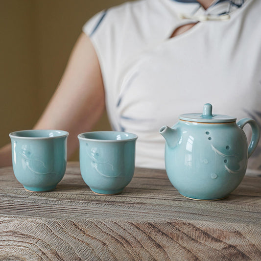 Handmade Longquan Celadon Tea Set, Elegant Ceramic Teapot with Two Cups, Personalized Gift, Customizable Chinese Pottery  Gift
