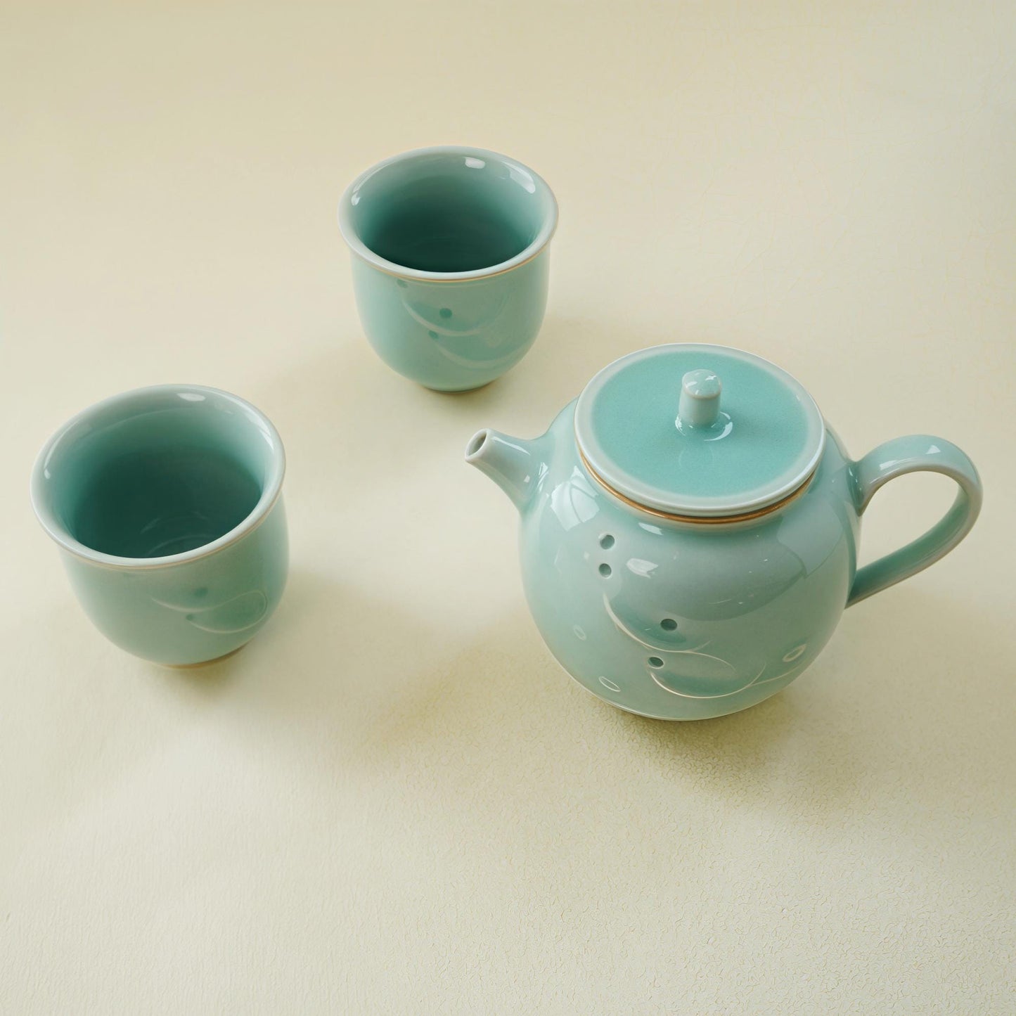 Handmade Longquan Celadon Tea Set, Elegant Ceramic Teapot with Two Cups, Personalized Gift, Customizable Chinese Pottery  Gift