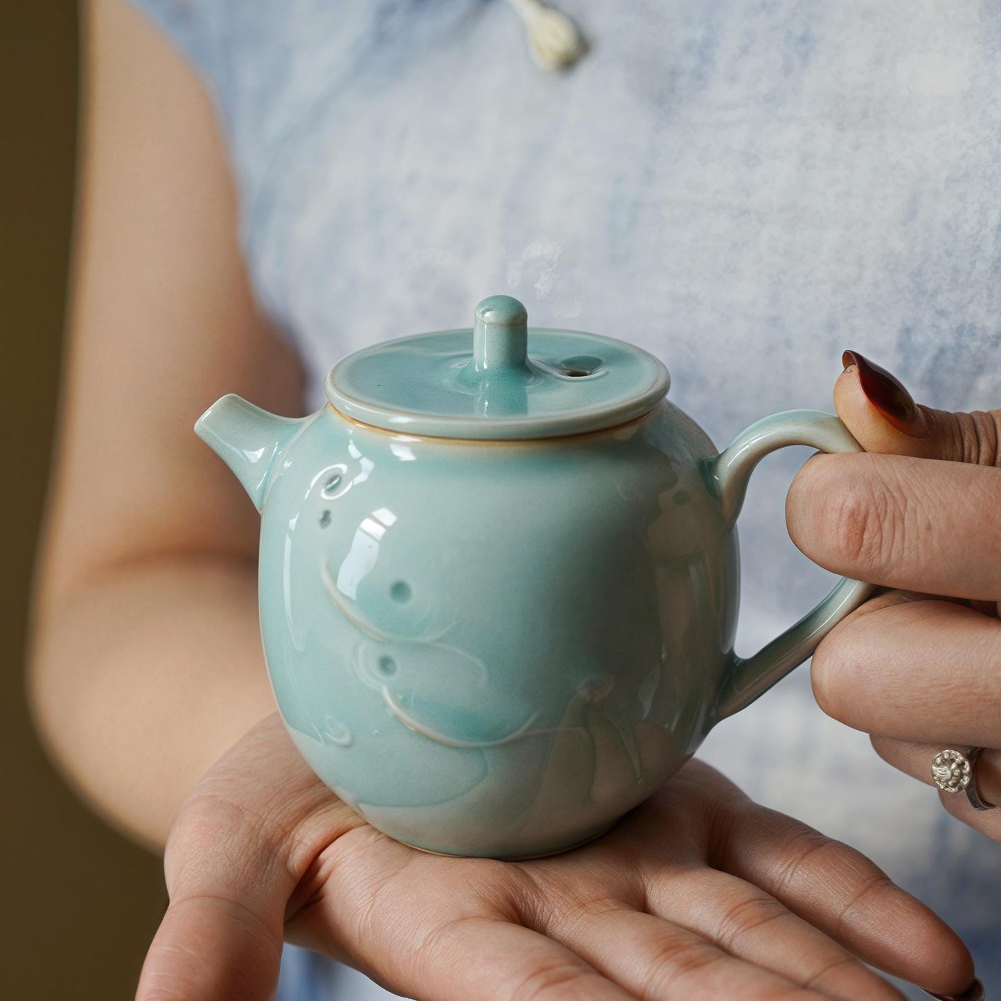 Handmade Longquan Celadon Tea Set, Elegant Ceramic Teapot with Two Cups, Personalized Gift, Customizable Chinese Pottery  Gift