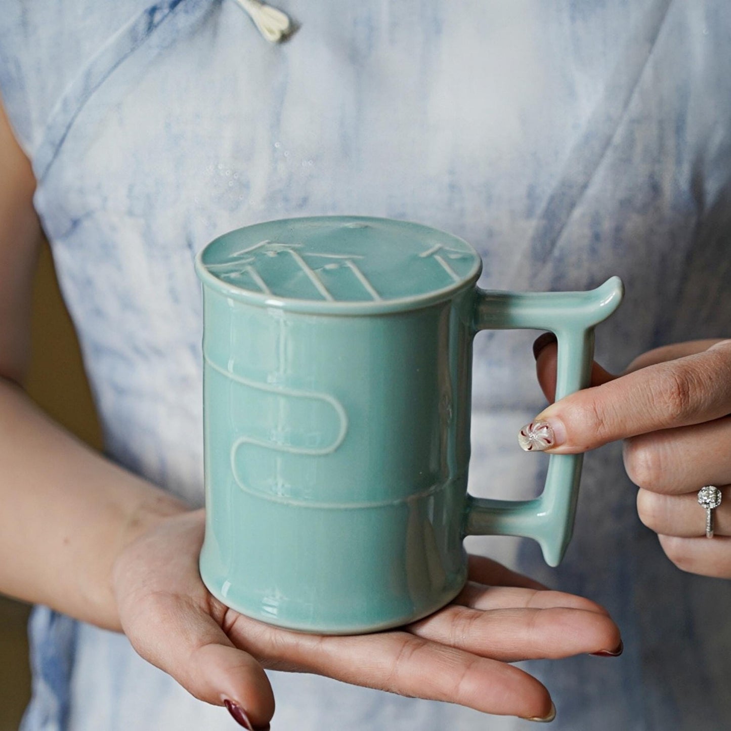 Handmade Longquan Celadon Mug | 12oz Ceramic Tea & Coffee Cup | Chinese Pottery | Unique Handle Design | Minimalist Zen Aesthetic Gift