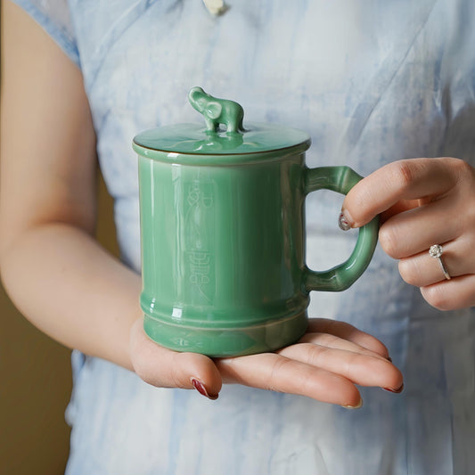 Handmade Longquan Celadon Mug | 12oz Ceramic Tea & Coffee Cup with Elephant Lid | Chinese Pottery | Unique Gift for Tea Lovers