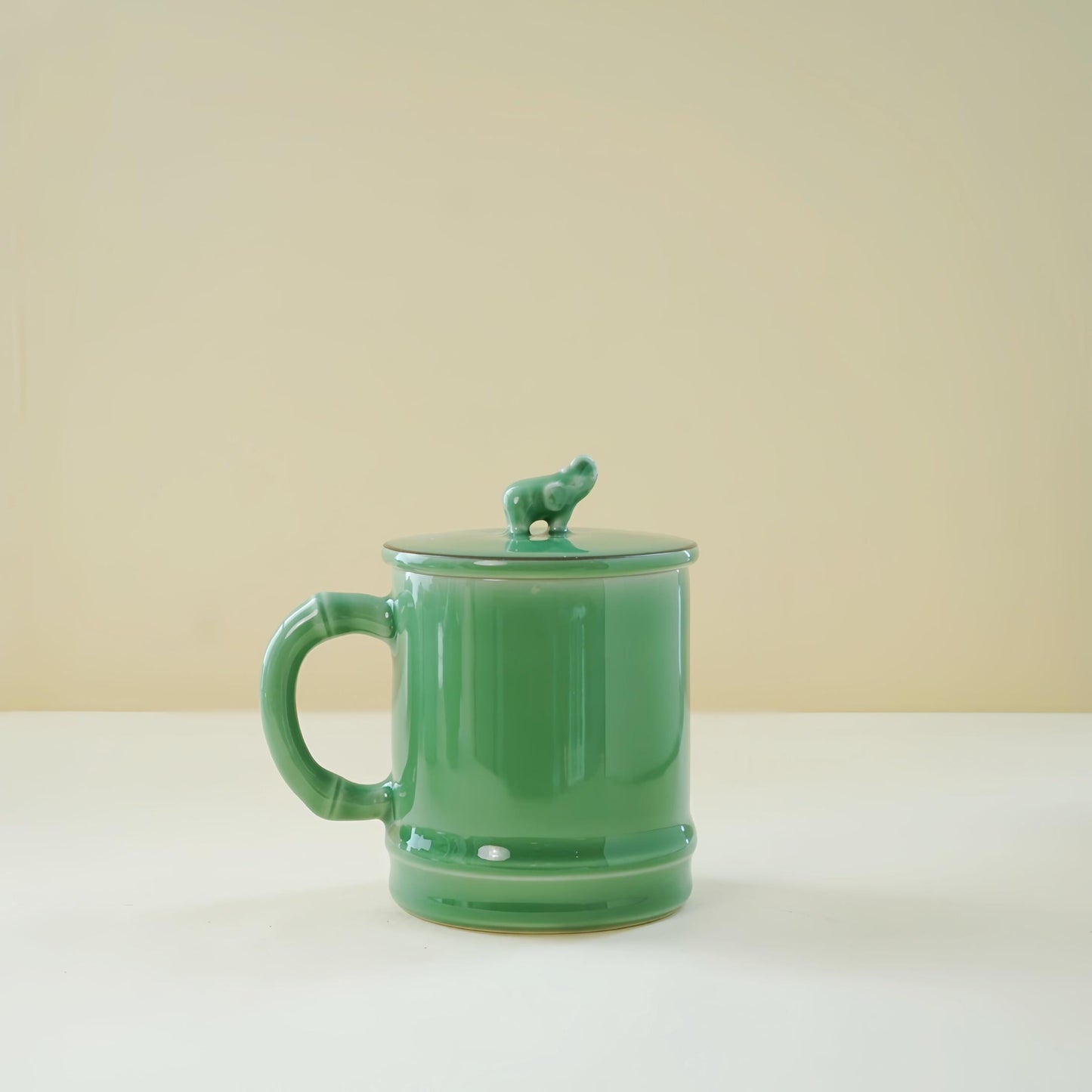 Handmade Longquan Celadon Mug | 12oz Ceramic Tea & Coffee Cup with Elephant Lid | Chinese Pottery | Unique Gift for Tea Lovers