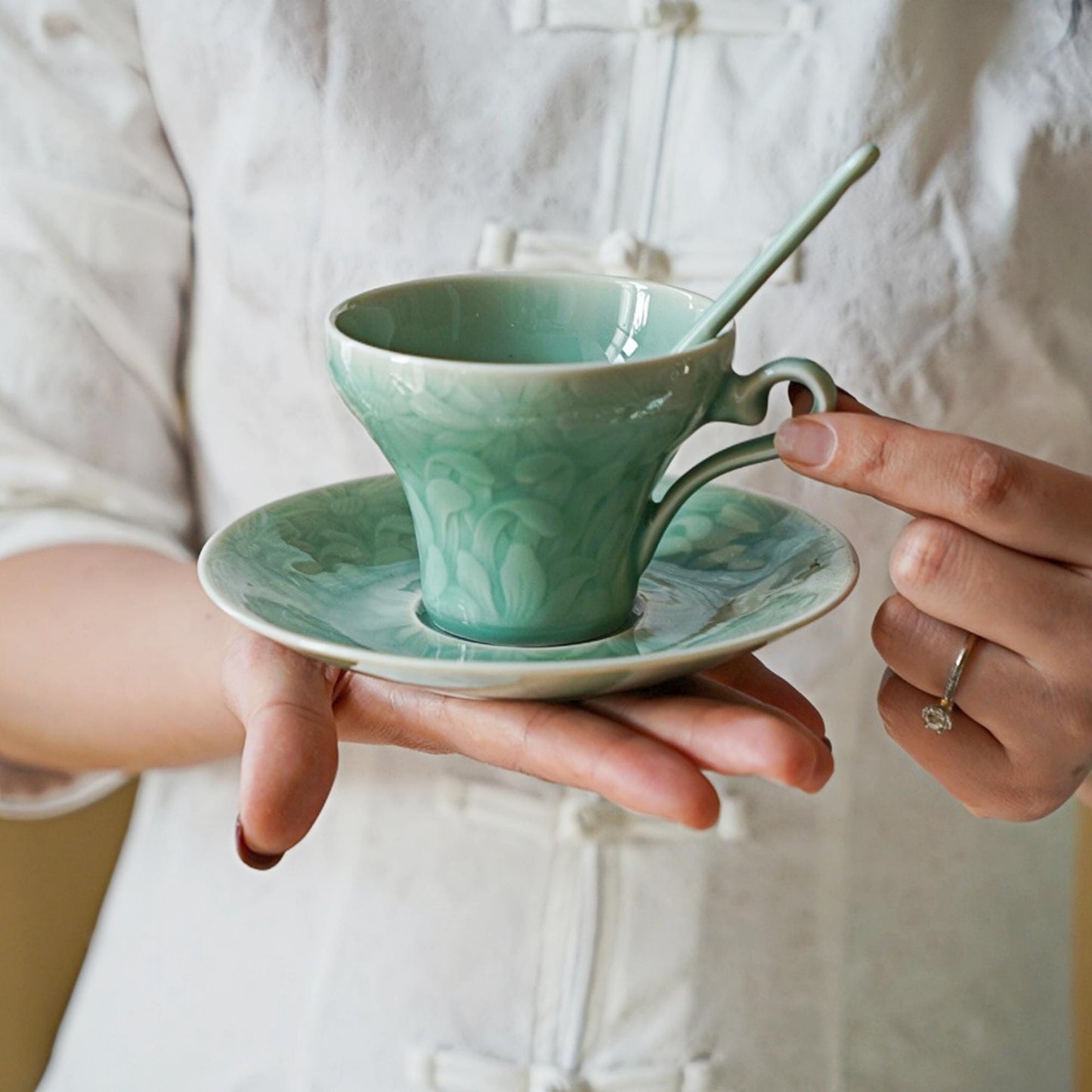 Handmade Longquan Celadon Coffee Mug with Saucer | 12oz Ceramic Tea Cup | Luxury Vintage Pottery | UNESCO Heritage | Elegant Gift