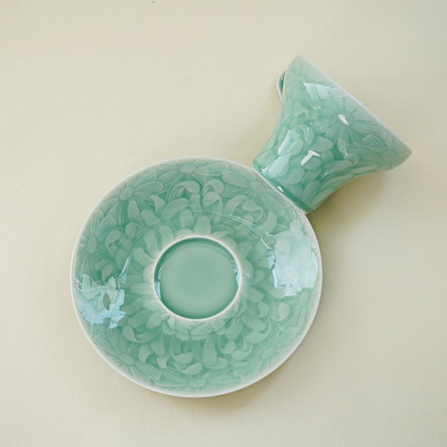 Handmade Longquan Celadon Coffee Mug with Saucer | 12oz Ceramic Tea Cup | Luxury Vintage Pottery | UNESCO Heritage | Elegant Gift