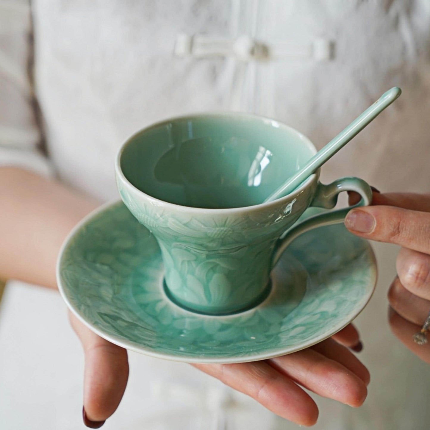 Handmade Longquan Celadon Coffee Mug with Saucer | 12oz Ceramic Tea Cup | Luxury Vintage Pottery | UNESCO Heritage | Elegant Gift