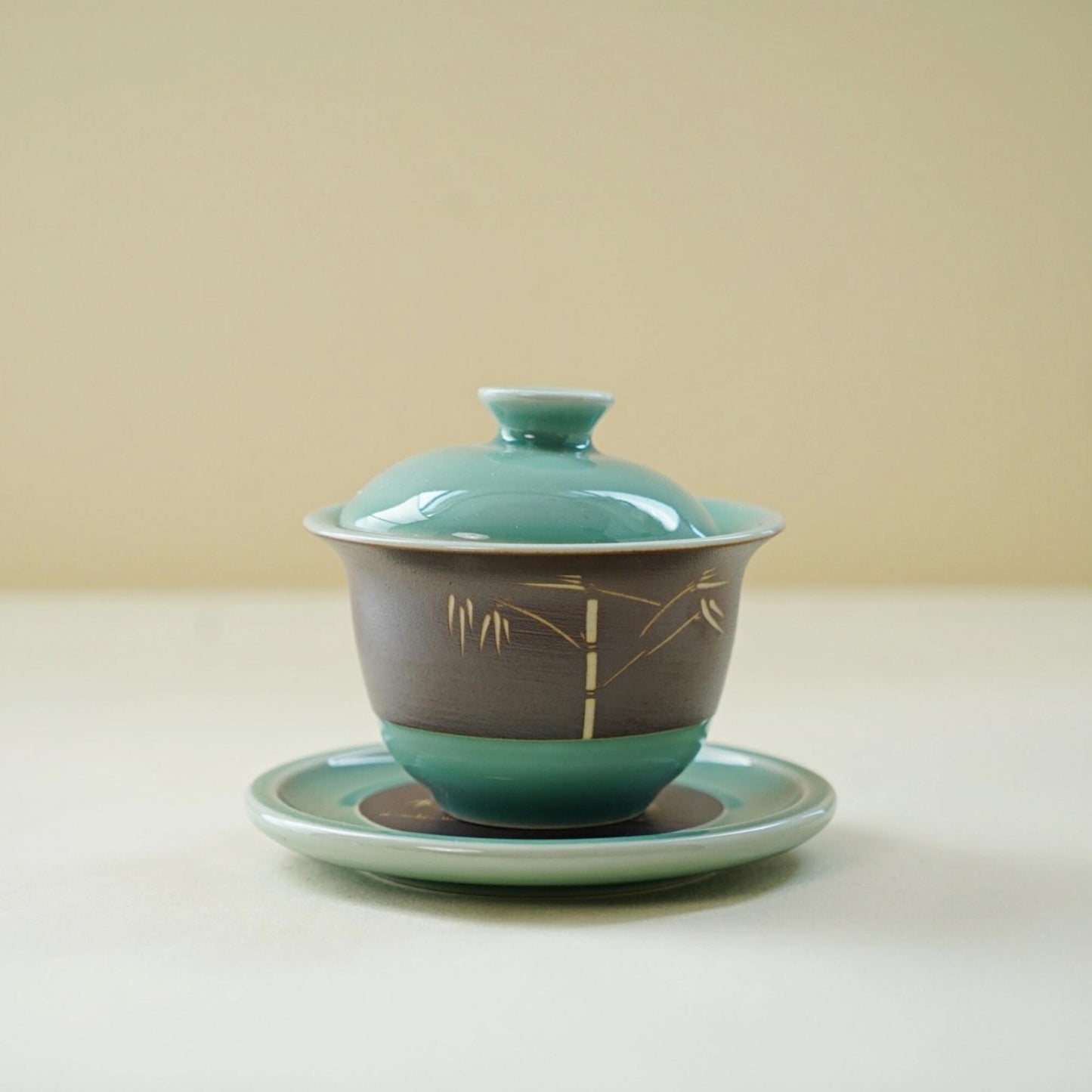Celadon Gaiwan with Bamboo Engraving,  Handmade Chinese Tea Cup with Lid and Saucer, Gongfu Tea Ceremony Cup, Minimalist Zen Style