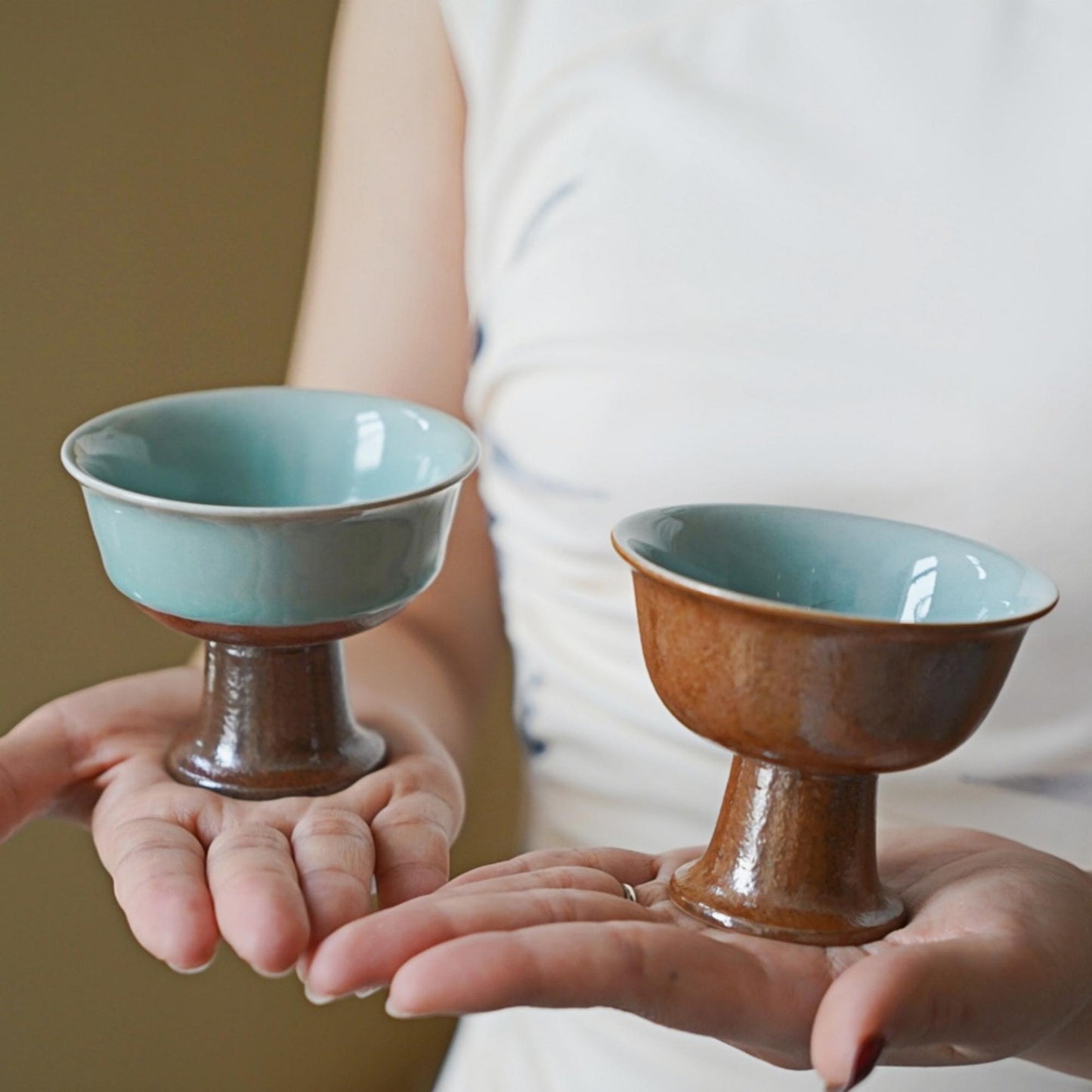 Pedestal Cup – Handmade Chinese Ceramic Chalice | Wabi Sabi Zen Style Gongfu Tea Cup | Minimalist High Foot Cup for Tea, Wine, Ritual