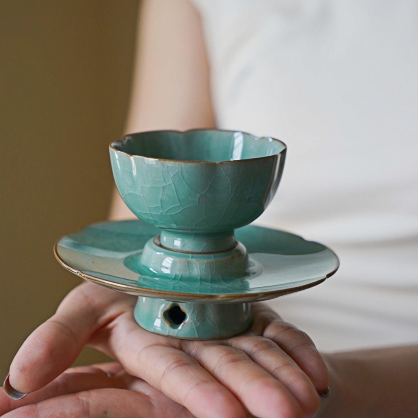 Stillness Cup · Summer Ritual Teacup | 100ml Longquan Celadon Tea Bowl with Stand | Zen Gongfu Tea Set | Handmade Oriental Pottery