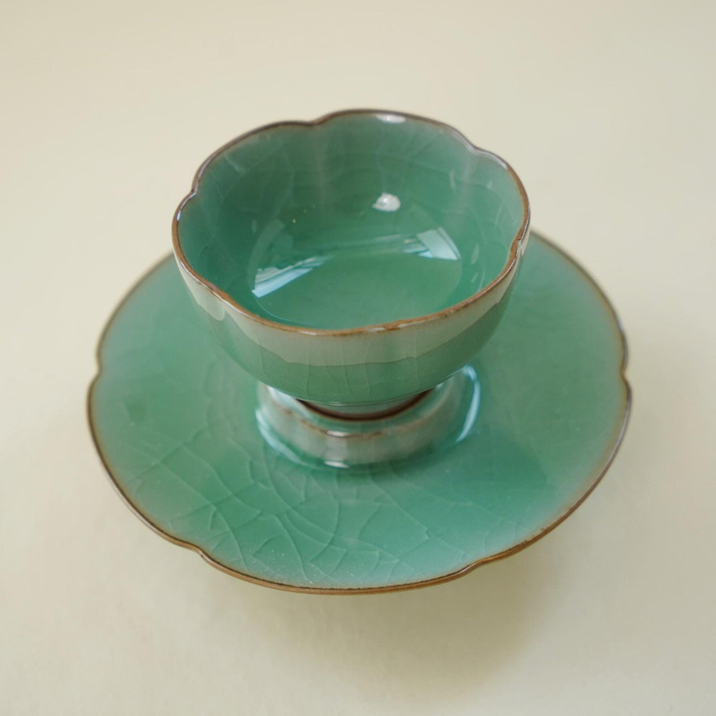 Stillness Cup · Summer Ritual Teacup | 100ml Longquan Celadon Tea Bowl with Stand | Zen Gongfu Tea Set | Handmade Oriental Pottery