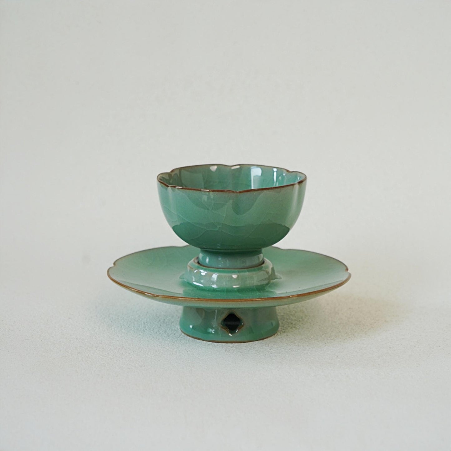 Stillness Cup · Summer Ritual Teacup | 100ml Longquan Celadon Tea Bowl with Stand | Zen Gongfu Tea Set | Handmade Oriental Pottery