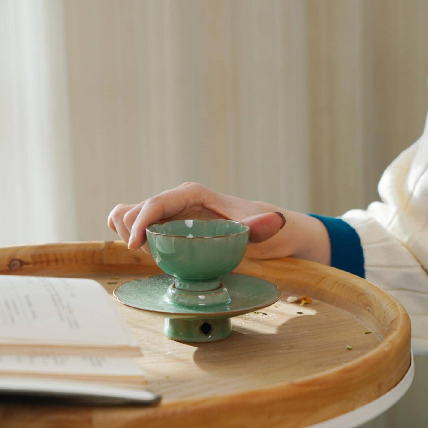 Stillness Cup · Summer Ritual Teacup | 100ml Longquan Celadon Tea Bowl with Stand | Zen Gongfu Tea Set | Handmade Oriental Pottery