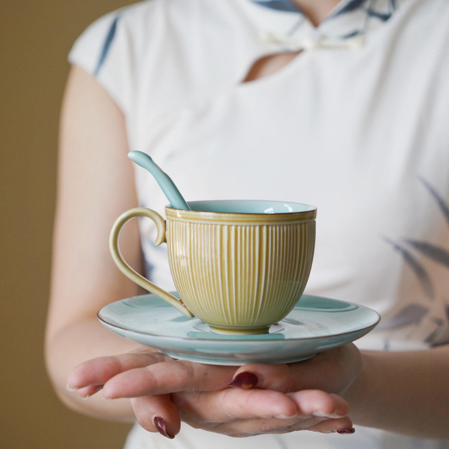 Handmade Ceramic Coffee Cup Set, Longquan Celadon Mug, Minimalist Wabi-Sabi Porcelain Coffee Cup, Personalized Gift, Custom Engraved Mug