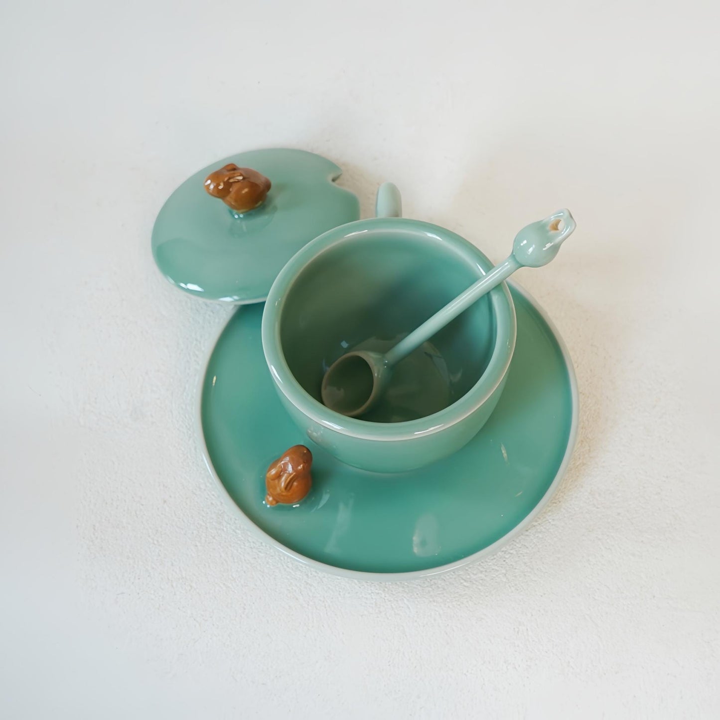 Handmade Chinese Celadon Coffee Cup Set with Lid and Spoon, Lucky Animal Handle, Custom Gift, Minimalist Wabi-Sabi Mug, Rabbit or Pixiu