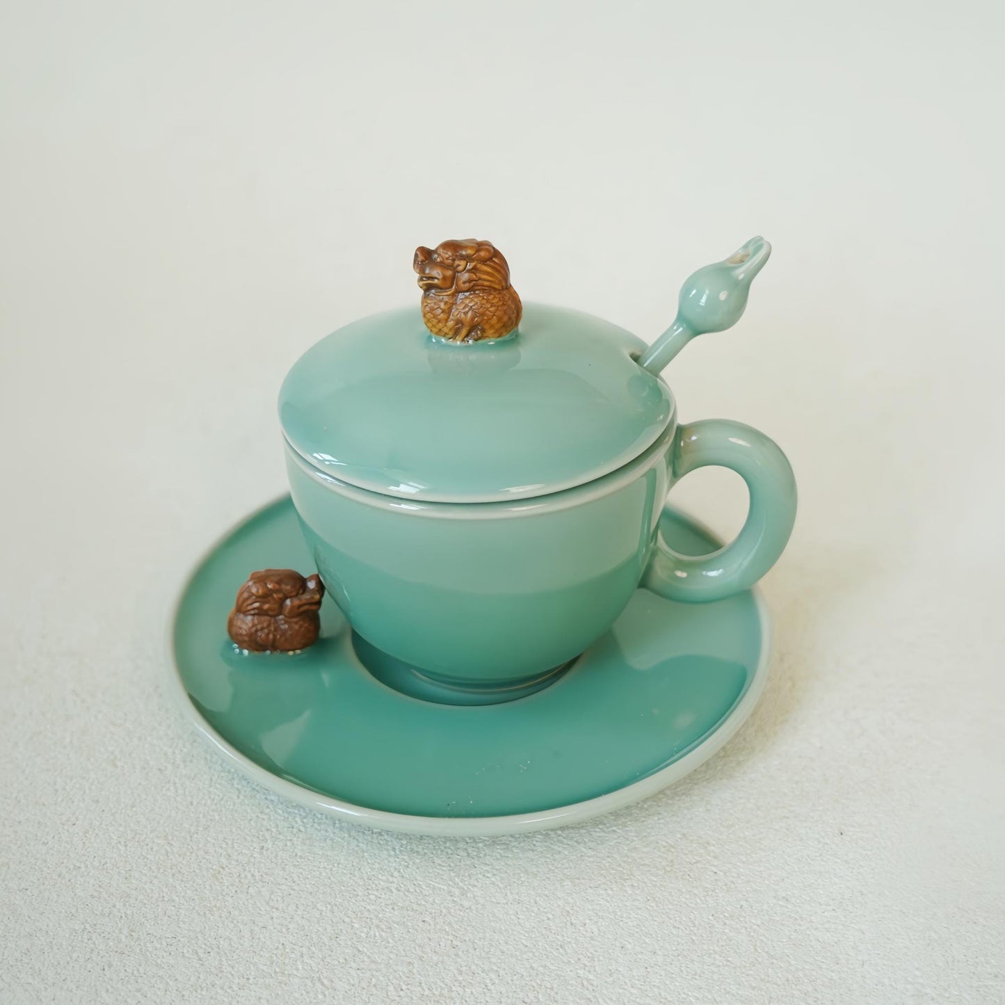 Handmade Chinese Celadon Coffee Cup Set with Lid and Spoon, Lucky Animal Handle, Custom Gift, Minimalist Wabi-Sabi Mug, Rabbit or Pixiu