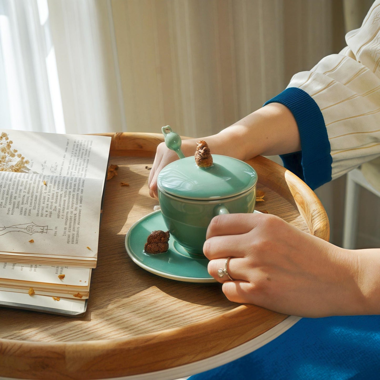 Handmade Chinese Celadon Coffee Cup Set with Lid and Spoon, Lucky Animal Handle, Custom Gift, Minimalist Wabi-Sabi Mug, Rabbit or Pixiu