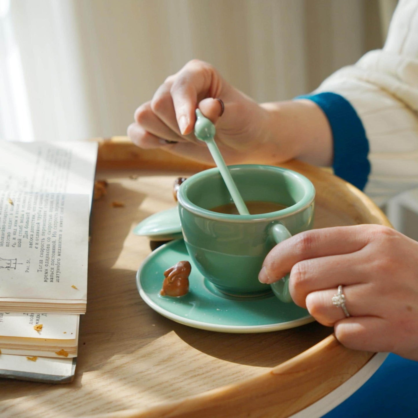 Handmade Chinese Celadon Coffee Cup Set with Lid and Spoon, Lucky Animal Handle, Custom Gift, Minimalist Wabi-Sabi Mug, Rabbit or Pixiu