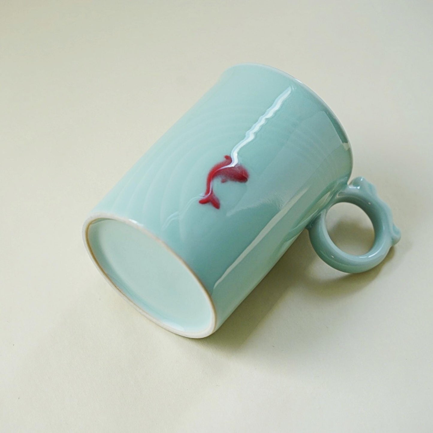 Celadon Mug with Red Fish — Handmade 350ml Chinese Ceramic Coffee Cup | Wabi Sabi Aesthetic | Minimalist Tea Mug | Gift for Her or Him